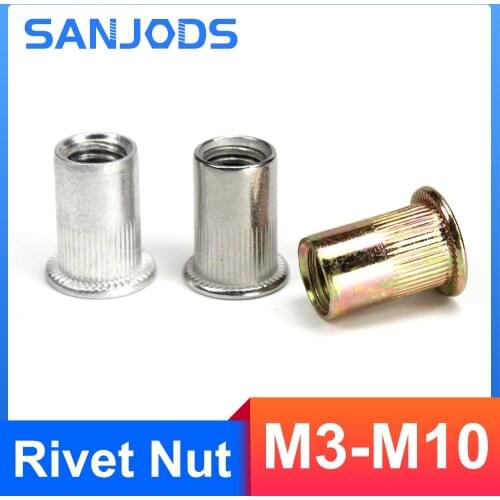 50Pcs Flat Head Rivet Nut Aluminum Alloy M3 M4 M5 M6 M8 M10 Zinc Plated Insert Nutsert Cap Rivet Nut Stainless Steel Knurled Nut