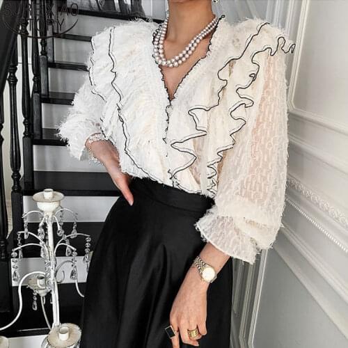 Spring 2021 New Korean Elegant Blouse Women Reffles Tops Fashion V Collar Temperament Lady Long Sleeve White Shirts Blusas 12902