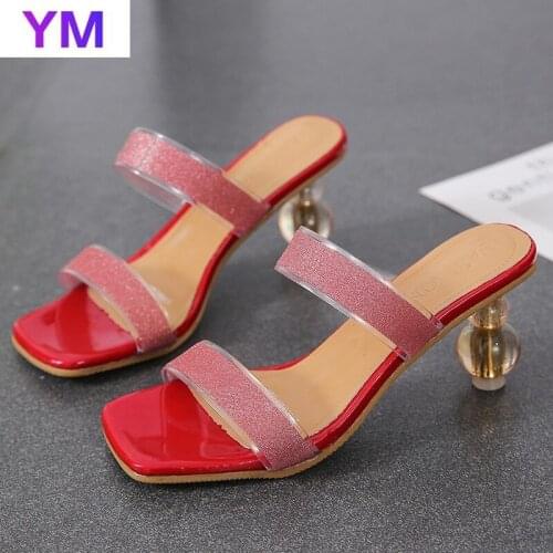Summer 2021 New Frosted Surface High Heel Women Summer Outdoor Sandal Round Heel Bling Bling Women Sandal Slides Size 35-42
