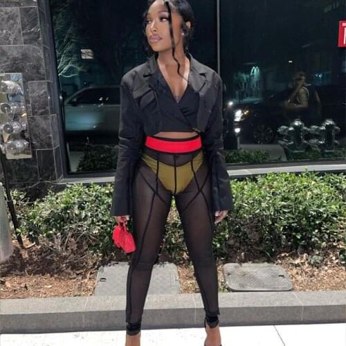 Woman High Waist Mesh Legging Solid Color Wide Belt Sheer Legging S-L 3Color K21PT158