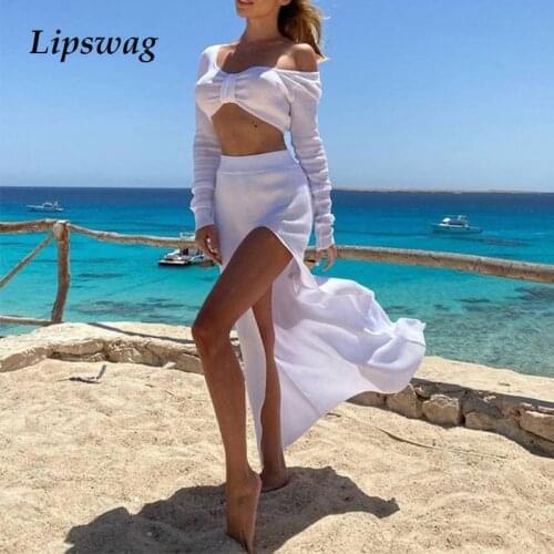 Spring Women Knitted Skirt Suits Sexy Off Shoulder Bow Crop Tops+High Slit Skirts Outfits Solid Autumn Long Sleeve Beach 2Pc Set