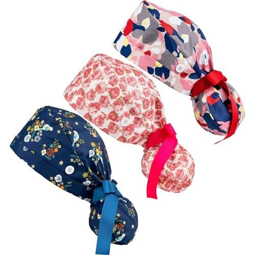 3pc Unisex Adjustable Working Matte Cap With Protect Ears Button Floral Print High Quality Elastic Multicolor Scrubs Hats #G2