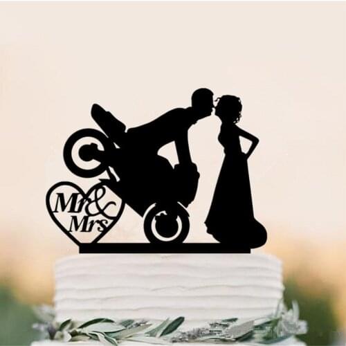 Acrylic Motocross Couple Bride & Groom Silhouette Wedding Cake Topper Mr and Mrs Toppers for Wedding Decoration Cake Accessory