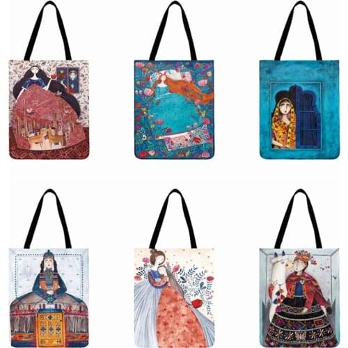 Watercolor Girl Illustration Printed Tote Bag For Women Ladies Shoulder Bag Foldable Shopping Bag Out Door Casual Beach Bag