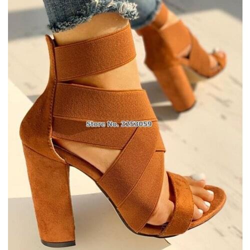ALMUDENA Top Brand Brown Black Elastic Band Chunky Heel Sandals Cross Strappy Cut-out Cage Shoes Gladiator Dress Pumps Dropship