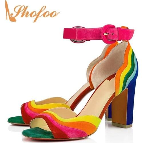 Mixed Colors Ankle Wrap High Chunky Heels Buckle Strap Sandals Ladies Sweet Dress Plus Size 44 46 Woman Shoes Summer Luxury 2021