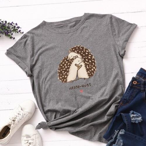 100% Cotton Plus Size S-5XL Women T-shirts Graphic Tees Female Shirts Summer Tops Hedgehog Hug Printed Funny T Shirt Tee Clothes