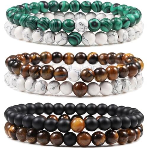 Hot Sale 2pcs/Set Couples Beaded Bracelets Tiger Eye Black Lava Natural Stone Beaded Bracelets Malachite Energy Elastic Jewelry