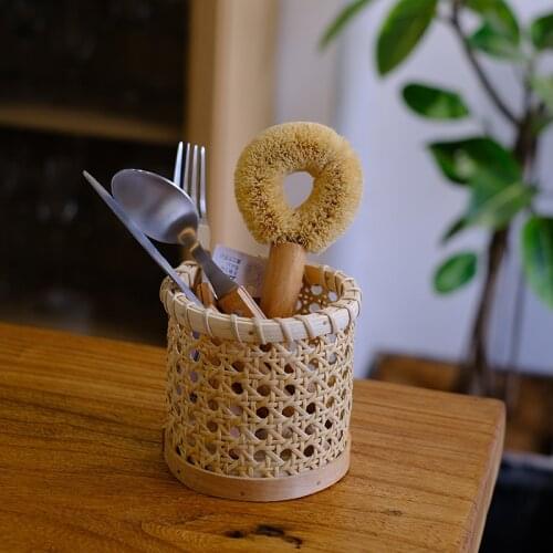 Rattan Storage Basket Desktop Pen Holder Handmade Sundries Organizer Jar Flower Pot Planters