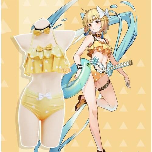 Anime Demon Slayer Swimsuit Bikini Agatsuma Zenitsu Cosplay Costume Hairpin Woman Sexy Beach Swimwear Set Bathing Suit for Girls