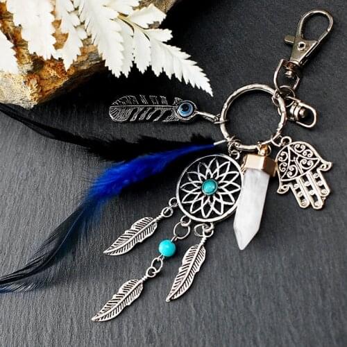 3 Colors Mini Dreamcatcher With Feather & Fatimas hand & Nutural Stone Alloy Dream Catcher Decor Keychian Ornament Amor00136