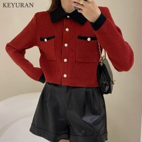 Autumn Korean Cardigan Knitted Sweater Womens Long Sleeve Contrast Color Vintage Korean Single Breasted Knitted Cardigan Tops