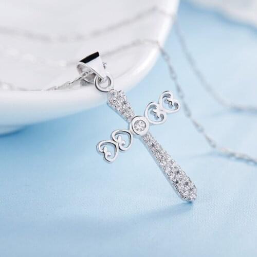 COCOM Silver 925 Fine Jewelry Classic Design Cross Heart Pendant Necklace for Women Cubic Zircon Anniversary Birthday Gift
