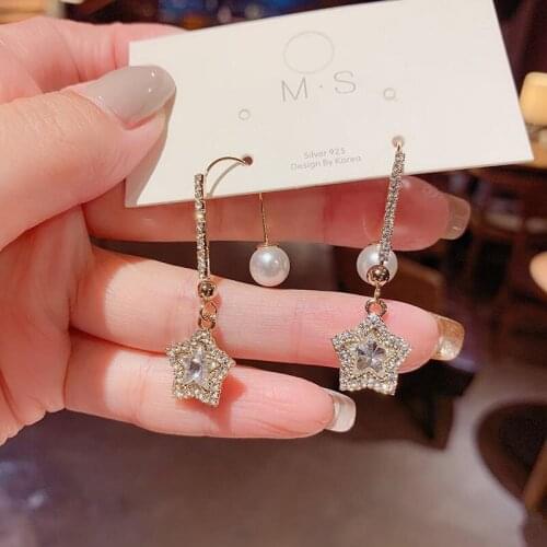 Lovely Gold Plated Star Zircon Pearl Ear Hook Engagement Bride Wedding Earrings Promise Earrings Anniversary Gift Jewelry