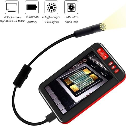 High-definition Industrial Endoscope Borescope Inspection Camera Built-in 8pcs LEDs 8mm Lens with 4.3 Inch 1080P Display Screen