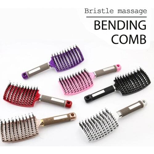 Boar Hair Brush Hair Comb Curved Vented Styling Hairbrush Detangling Thick Hair Massage Blow Drying Brush Hairbush Comb for Hair
