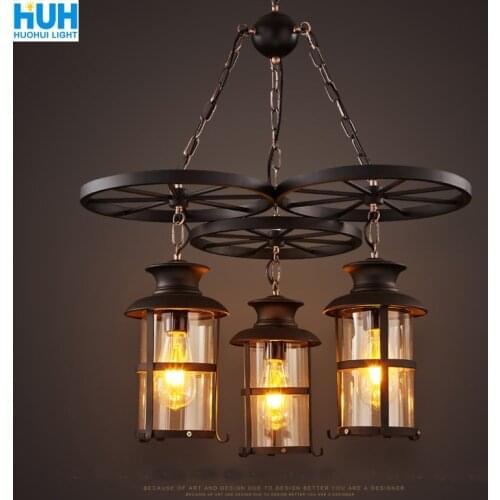 Retro Industrial Style Chandelier Coffee Restaurant Bar Dining Table LOFT Creative Personality Three Wrought Iron Wheel Lamps
