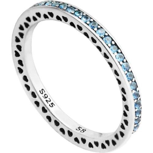Radiant Hearts Rings With Air Blue Enamel & Sky Blue CZ 100% Authentic 925 Sterling-Silver-Jewelry Free Shipping