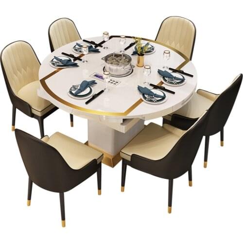 Folding with induction cooker dining table chair combination with turntable telescopic rotating size variable round table