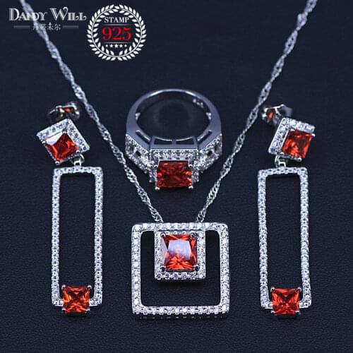 Bridal Silver Color Jewelry Sets Red Cubic Zircon Earrings For Women Wedding Jewelry With Ring Pendant Necklace Set