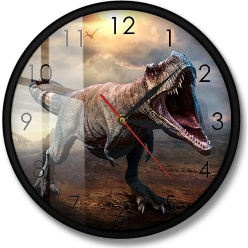 Tyrannosaurus Wall Clock T-Rex Roaring Scene 3D illustration Wall Art Home Decor Dinosaur Silent Wall Watch
