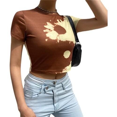 2021 Streetwear Fashion Contrast Color Tie Dye T Shirt Slim Fitness Navel Bare Crop Top Summer Aesthetic Harajuku Tshirts