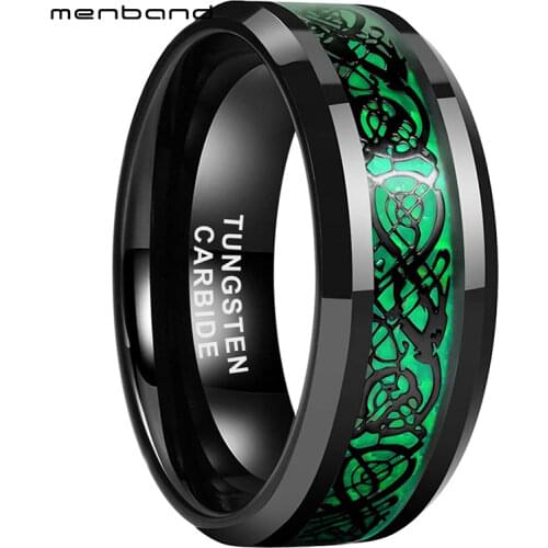 Tungsten Black Ring Men Black Wedding Ring With Green Opal And Black Dragon Inlay 8MM Comfort Fit