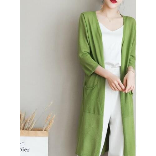 Women Long Cardigans Jacket 2021 Summer Autumn Casual Loose Ice Silk Knitted Cardigan Lady Pockets Thin Sweater Shawl Plus Size