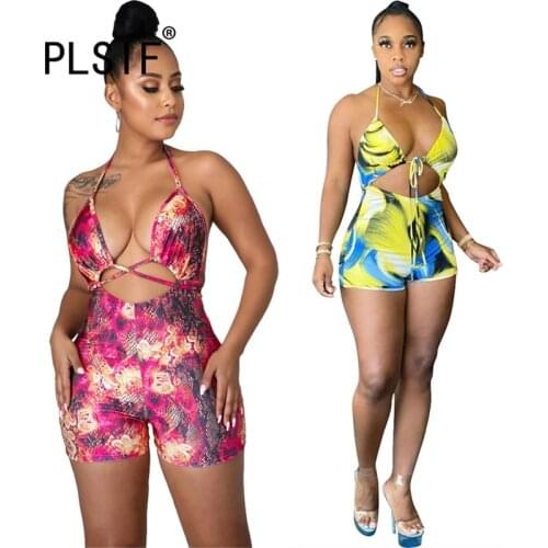 Women V Neck Summer Shorts Jumpsuit Backless Print Romper Women Jumpsuit Ladies Playsuit