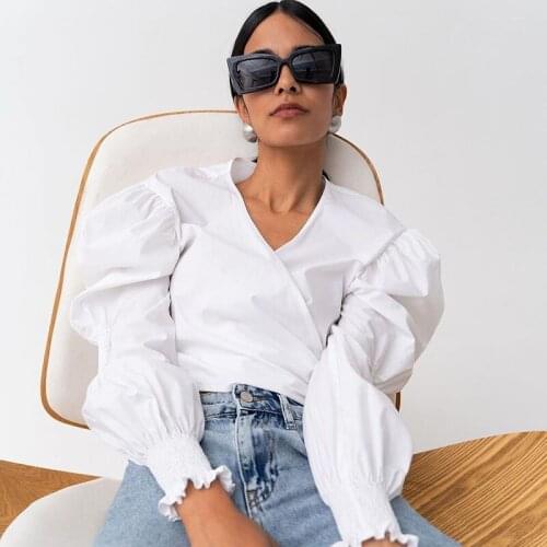 Women Lantern Sleeve Folds Tops Female V-Neck Bandage Slim Tees Autumn Elegant Office Lady Top Casual Streetwear