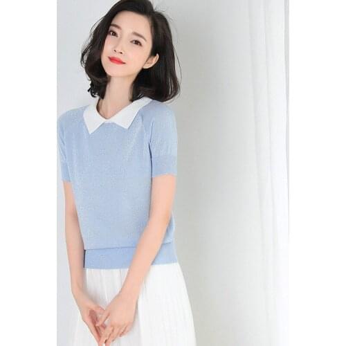 Summer Office Wear Lapel Bow Sweater Shiny Thread Short Sleeve Womens Tops Ladies Knitted Knitwear Thin Cute Blue Girls Pullover