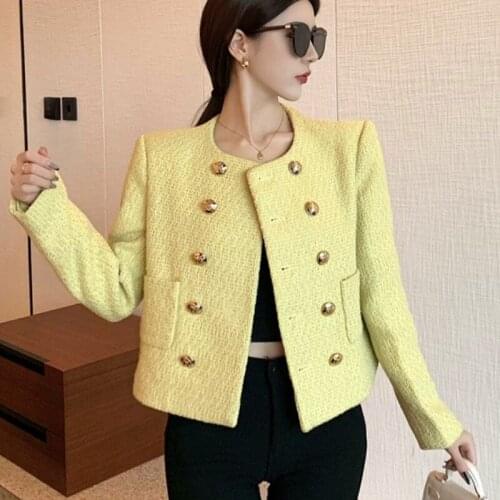 High Quality 2021 Autumn Winter Yellow Tweed Jacekt Coat Women Fashion Double-breasted Pockets Blends Wool Short Outerwear