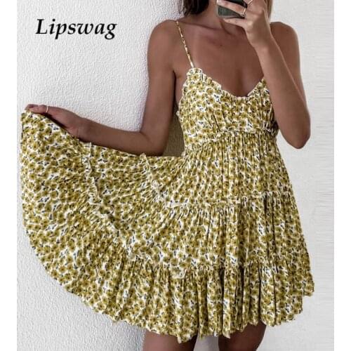 Elegant Summer Sleeveless Women Mini Dress Sexy Deep V-Neck Strap Beach Dresses Lady Backless Ruffle Floral Print Dress Vestidos