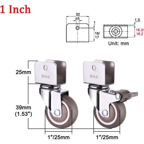 1/4PCS 360 Degree Swivel Caster Wheels Crib Rubber Casters U-Bracket Caster With Brake No Noise Wheel For Crib Bookcase Cabinet