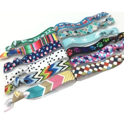 40pcs/Lot 5/8" Polka Dot Striped Geometric Car Print Fold Over Elastic Band Hair Tie FOE Ribbon Bracelet Ponytail Holder