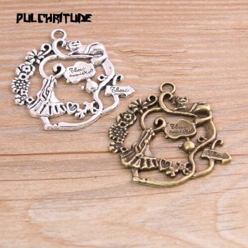 4PCS 40*42mm New Product Two Color Happy Family Flower Charms Animal Dog Pendant Jewelry Metal Alloy Jewelry Marking