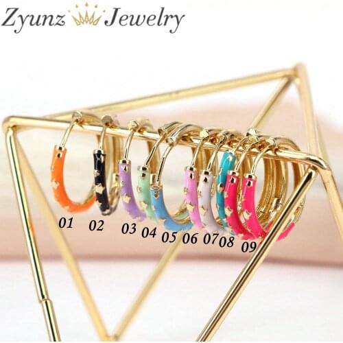 5 Pairs, New Round Enamel Hoop Earring Fashion Women Star Pattern Earring Hoops Gold Color Jewelry 26mm