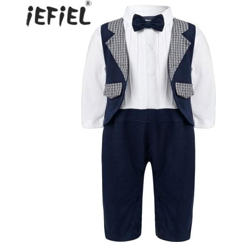 Infant Baby Boys Gentleman Jumpsuit Fake two Sets Romper Shirt Collar Long Sleeves Romper Strips Print Bodysuits with Tie