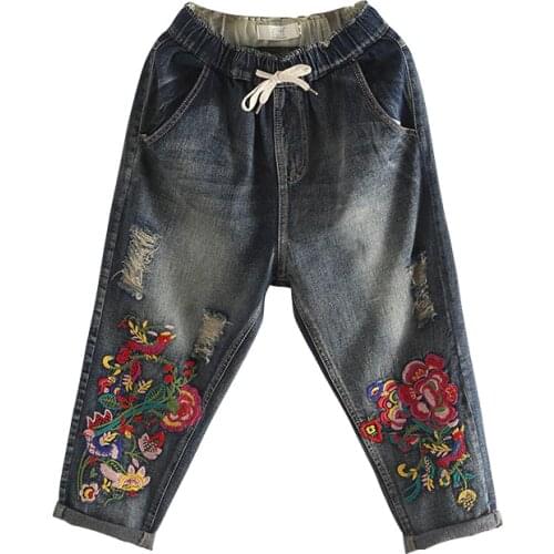 Vintage Embroidered Jeans Woman 2020 New Summer Ripped Jeans For Women Harem Jean Femme Casual Denim Pants Vaqueros Mujer
