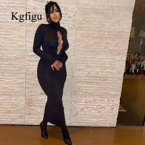 KGFIGU 2020 New Arrival High Turtleneck Long Sleeve Fitness Splite Sexy Fitness Sheath Ladies Party Dress For Women