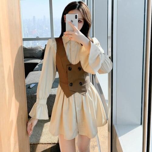 College style suit 2021 new womens long-sleeved polo collar long-sleeved shirt dress with vest 2pcs set women