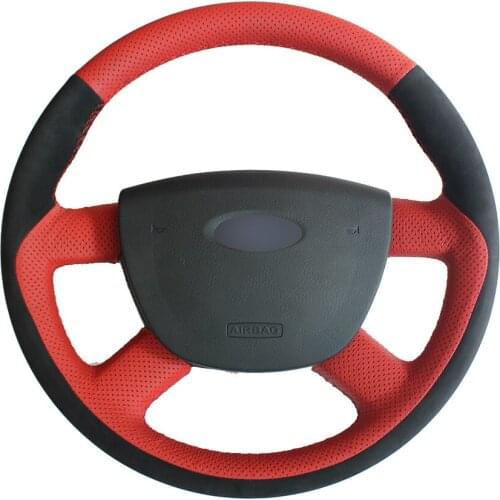 Red Natural Leather Black Suede Car Steering Wheel Cover for Ford Focus 2 2005-2011