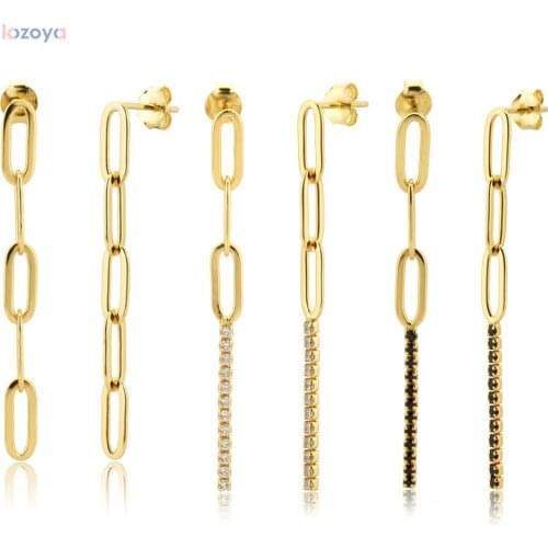 LOZOYA 925 Sterling Silver Gold Ovals Locker Plain Circle Rock Punk Chain Drop Earring Square Luxury Women Crystal Jewelry