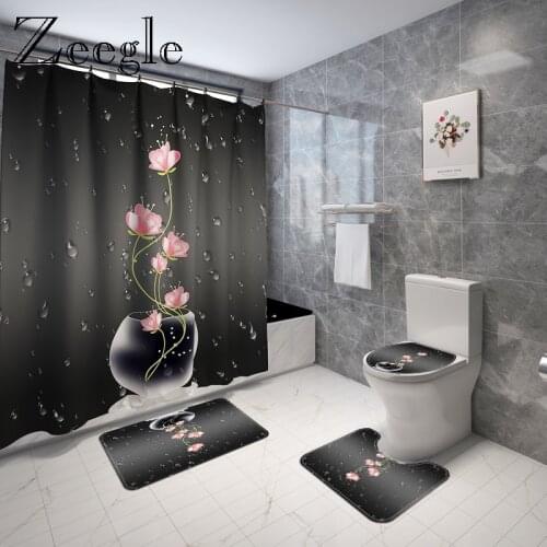 Printed Floral Bath Mat and Shower Curtain Set Microfiber Toilet Seat Cover Mat Bathroom Foot Mat Absorbent Toilet Floor Rug
