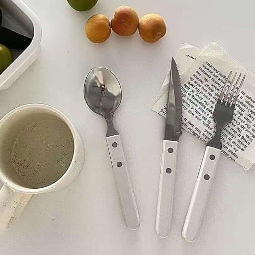 White Knife Fork And Spoon Stainless Steel Simplicity Long Handle Tableware Suit Kitchen Western Restaurant Three-piece Set
