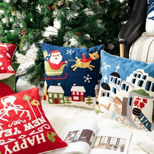 Christmas Decoration Cushion Cover Reindeer Santa Snowflake Pillow Case Cotton Square Embroidery Pillow Cover 45x45cm