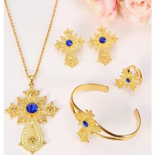 New Ethiopian Big cross Pendant Clip Earrings women Jewelry sets Gold African Wedding bridal setGift Habesha Flower girls charm