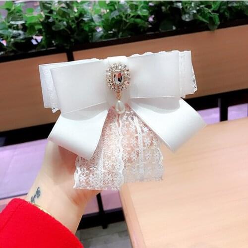 Korean Lace Ribbon Bow Tie Brooch Collar Flower Womans College Style Shirt Accessories High-end Bowknot Rhinestone Hair-pins