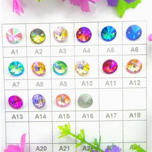 Wholesale price glass crystal 8mm 10mm 12mm 14mm sew on AB colors Rivoli round rhinestone with two holes shoes applique diy trim