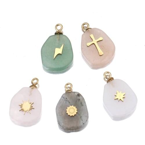5 Pieces Of DIY Natural Marble Jade Stainless Steel Pendant Necklace Lightning Sun Flower Star Jewelry Accessory Material